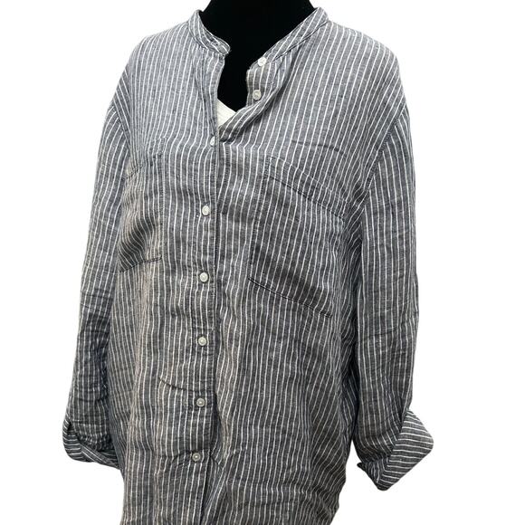 Lands’ End Linen Blend Shirt Popover Striped Band Collar Top - Picture 1 of 5